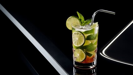 Mojito cocktail with fresh limes on a black background