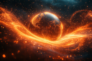 Aufkleber - An abstract portrayal of global connectivity with swirling lines and globe imagery,