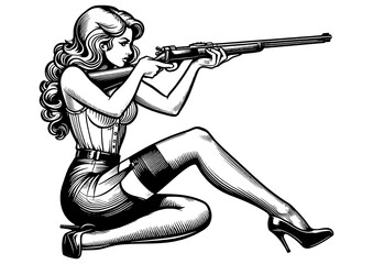 Wall Mural - pin-up girl kneeling with a rifle, classic pin-up style with a hunting theme sketch engraving generative ai fictional character PNG illustration. Scratch board imitation. Black and white image.