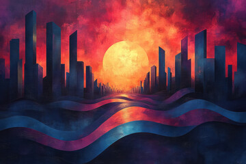 Aufkleber - A city skyline melting into flowing waves of blue and purple geometry,