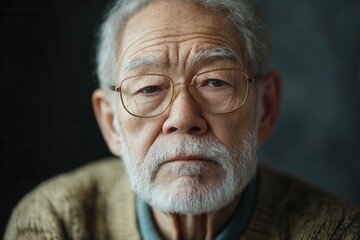 Poster - The elderly man gazes thoughtfully with gentle wrinkles and glasses, radiating wisdom, set against a dark backdrop that enhances his features. Generative AI