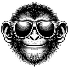 cool monkey wearing sunglasses, capturing a fun and playful vibe in black and white sketch engraving generative ai PNG illustration. Scratch board imitation. Black and white image.