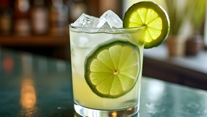 Cocktail with lime and ice in a glass