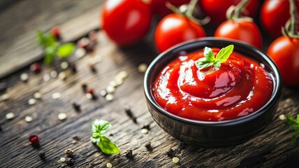 Wall Mural - bowl of ketchup or tomato sauce and fresh tomatoes on wood table