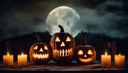 Wall Mural - two carved evil jack-o'-lanterns with glowing faces among the candles against the backdrop of a large full moon