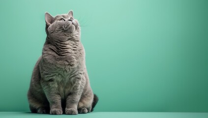 Wall Mural - A cat is sitting on a green surface and looking up