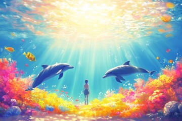 Stock photo: Dolphins in a colorful underwater environment