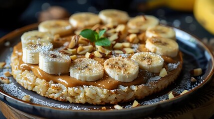 Canvas Print - A plate of banana bread with nuts and powdered sugar on top