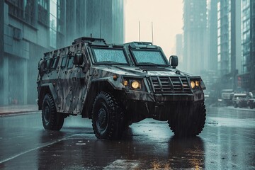 Armored military vehicle with camouflage paint is driving down a city street during a heavy rainstorm