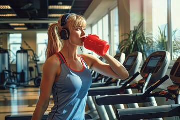 Wall Mural - A woman is drinking from a red bottle while wearing headphones