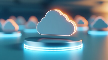 Futuristic concept of cloud computing with glowing metallic clouds on platforms, representing digital storage technology and connectivity.