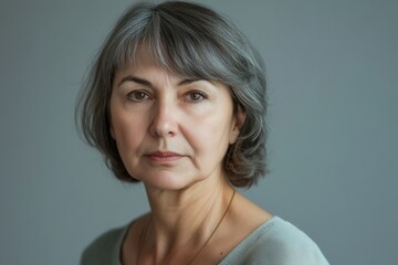 Aufkleber - A thoughtful woman gazes directly at the viewer, showcasing her gray hair and calm expression in soft indoor lighting, reflecting maturity and serenity. Generative AI
