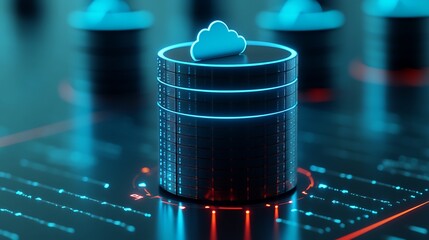 Futuristic data storage concept with glowing cloud icon on server in modern tech environment, representing cloud computing and big data.