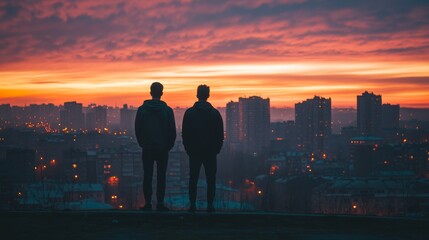 Sticker - Silhouetted Friends Overlooking Cityscape at Sunset