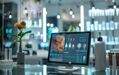 Digital hair analysis report displayed in a modern salon with personalized hair care solution preparation in natural light