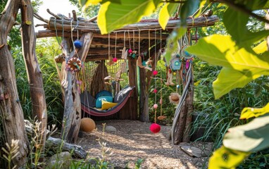 Sustainable playhouse made from recycled materials surrounded by vibrant foliage and natural light