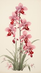 Wall Mural - Wood block print illustration of orchid flower plant petal.