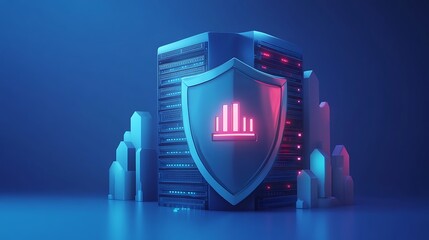 Futuristic server with a digital shield icon, representing advanced data security and protection in a cyber technology environment.