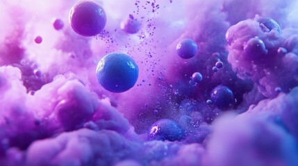 Poster - Abstract Purple and Blue Spheres in Cloudy Atmosphere