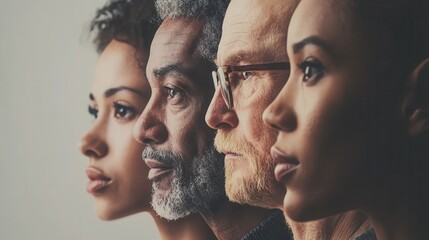 Poster - Four individuals with distinct ethnic backgrounds pose side by side, reflecting varying emotions and perspectives in a soft-lit indoor environment. Generative AI