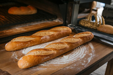 a traditional French baguette pulling the golden loaf out of the oven.