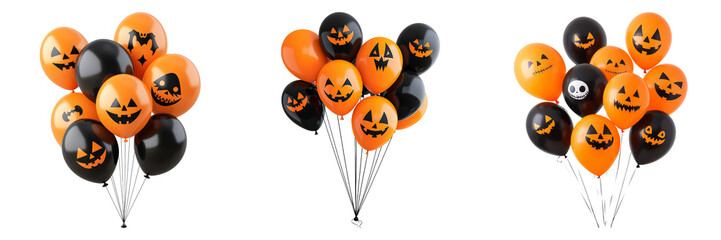 Halloween themed balloons with pumpkin faces isolated on transparent background