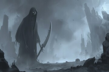 A tall, menacing cloaked figure looms over the desolate landscape, long robes flowing as she strides towards the viewer, scythe raised in her gnarled hand.