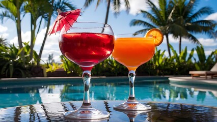 Wall Mural - Close-up shot of glasses of delicious red and orange cocktails on poolside