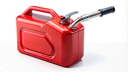 A bright red gas can with a silver spout and black cap sits isolated on a crisp white background, awaiting its next fueling mission.