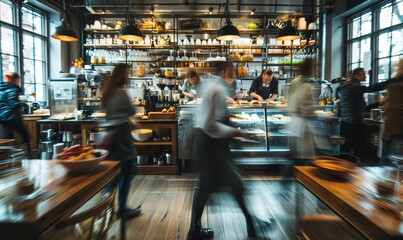 Blurred customers walking fast move ment in coffee shop or cafe restaurant, light cream, Blurred restaurant background with some people and chefs and waiters, Generative AI