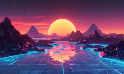 80s retro futuristic sci-fi. Retrowave VJ videogame landscape, neon lights and low poly terrain grid. Stylized vintage vaporwave 3d illustration background with mountains, sun and stars.