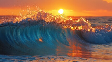 Poster - Sunset Waves Crash with Fiery Glow