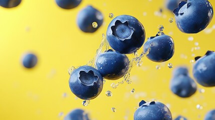 Wall Mural - Blueberries Splashing in Air Against Yellow Background