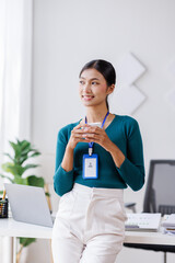 Wall Mural - Young blonde asian woman business worker smiling confident standing by desk at office