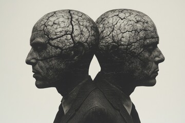 Poster - Abstract monochrome illustration of two heads with cracked brains symbolizing the fragility of mental health and the challenges of intellectual endurance in a stark design