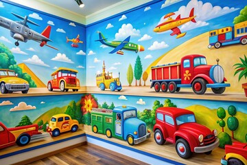 Vibrant colorful paintings of vehicles, including cars, trucks, and airplanes, adorn a nursery wall, showcasing young imagination and creativity in a playful transportation theme.