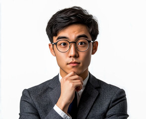 Wall Mural - A young Asian man wearing glasses and a suit, thinking with his hand on his chin