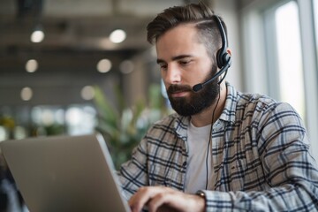 Focused Customer Service: A professional with a headset, intently working on a laptop, demonstrating dedication and customer support.  