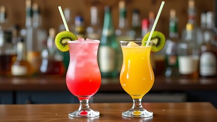 Two pink and yellow cocktails in the glass with straw and kiwi, and bar bottles row on the background