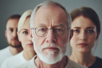 Poster - Four adults stand closely together in a minimalist indoor environment, expressing various emotions while maintaining a serious demeanor and direct gaze. Generative AI