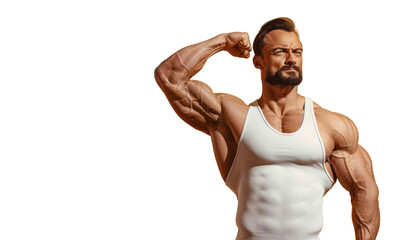 Wall Mural - A man with a muscular build is posing for a photo in a yellow tank top