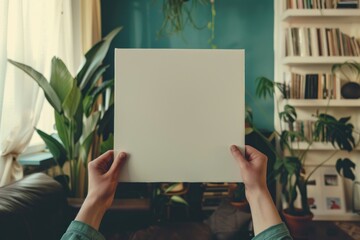 Hand holding blank white square paper cover album vinyl record wrap with plastic shrink texture against living room indoors person human.