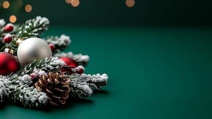 A close-up of frosted pine branches with red and white ornaments against a green background.