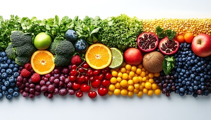 A vibrant rainbow of fresh fruits and vegetables arranged in a row, showcasing a healthy and diverse diet.