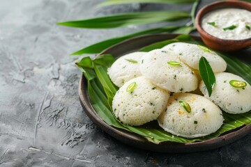 Wall Mural - Indian idly or idli.South Indian food.Sambar coconut chutney.A plate of fluffy idlis served with coconut chutney on a banana leaf, with ample copy space.