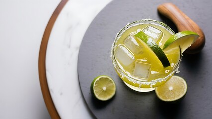 Close up view of margarita cocktails with lime pieces and wooden squeezer on grey surface on white