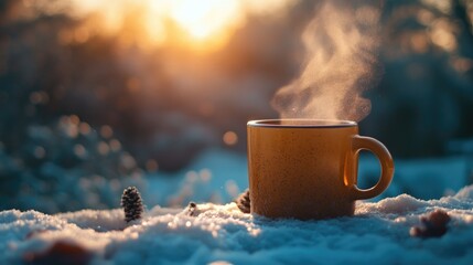 Poster - A Steaming Cup of Coffee in a Snowy Winter Landscape