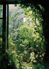 Poster - Front of a window overgrown garden environment outdoors woodland nature.