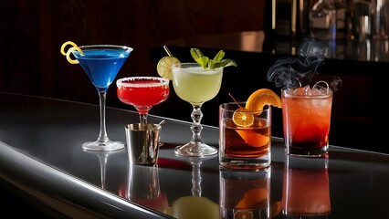 Five cocktails on the bar counter