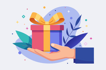 Gift reward program, bonus or surprise present for customer, employee reward or lucky prize, birthday gift box or festive incentive, special loyalty program concept, hand giving gift box with ribbon.
